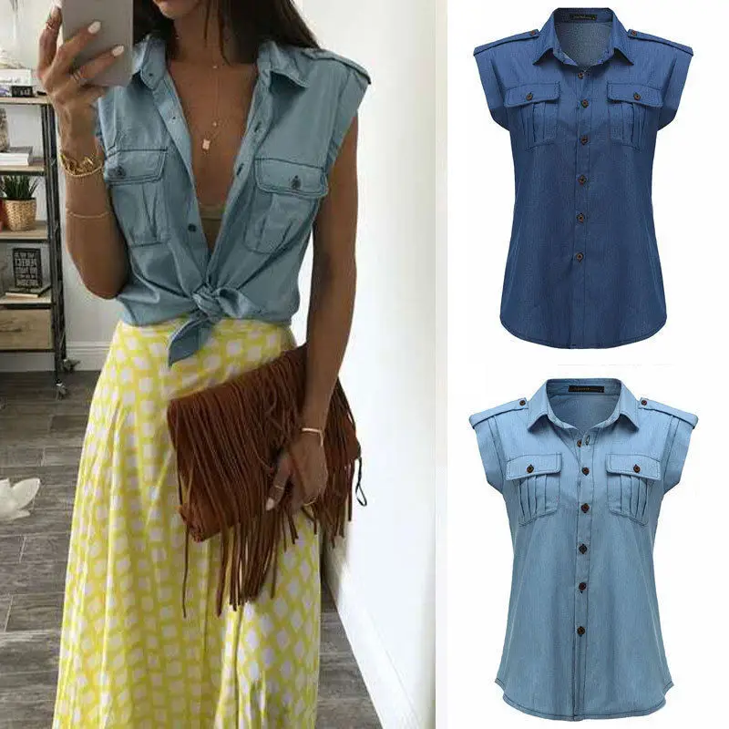 

Ursuper Foreign Trade New European and American Style Denim Casual Loose Sleeveless Shirt Top Shirt for Women