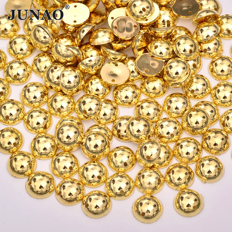 

JUNAO 10mm Sew On Gold Color Round Rhinestones Beads Applique Flatback Acrylic Strass Gems Sewing Crystal Stones For DIY Crafts