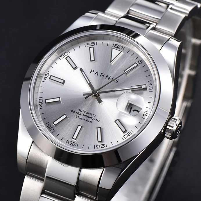 

2020 Parnis 39.5mm White Dial Automatic Men's Watches Silver Stainless Steel Bracelet Mechanical Mens Wristwatch erkek kol saati