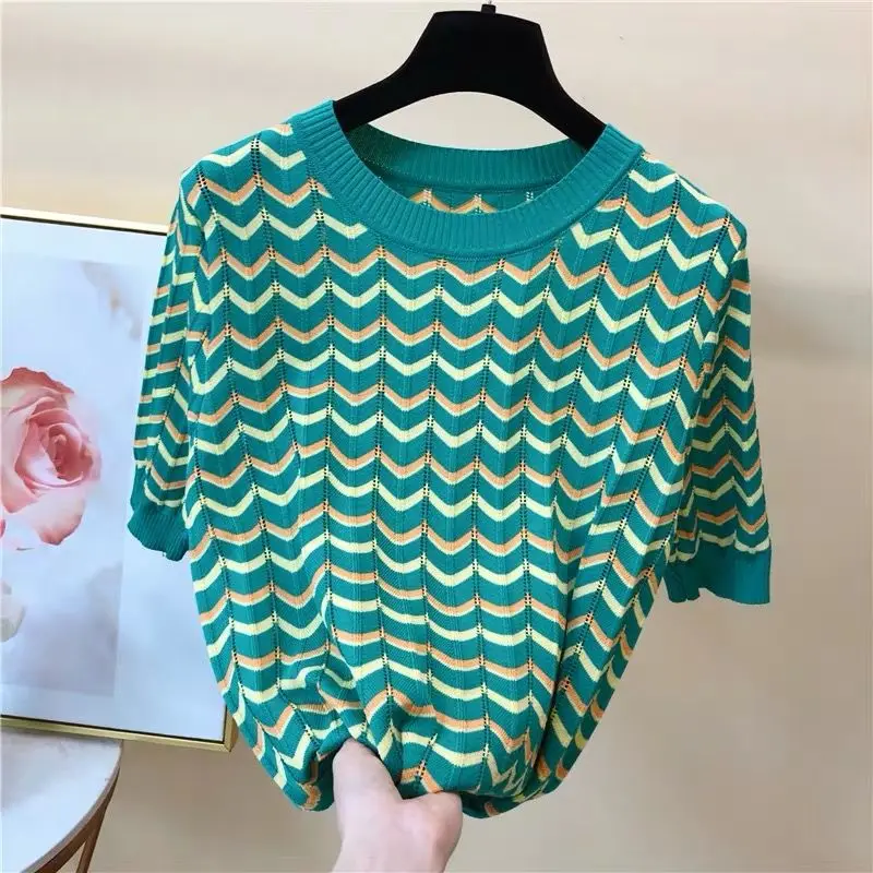 Loose Thin Hollow Silk Sweater Female Round Neck Striped Frill Short Sleeve Knitted Bottoming Jumper Pullover Women Spring | Женская