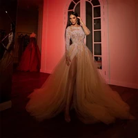 a line tulle evening dress lace sequined long sleeve prom gowns backless side split sexy party second reception dresses