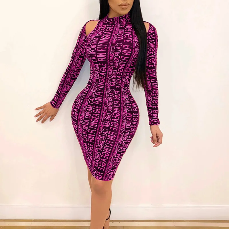

2020 Women Summer Letter Print Dresses Sexy Cold Shoulder Long Sleeve Bodycon Party Night Club Dress