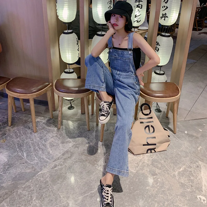 

Ripped Jeans For Women Wide-Leg Overalls Pants With Shoulders Straps Korean-style High-waisted Loose Mopping Pants Denim Jumper