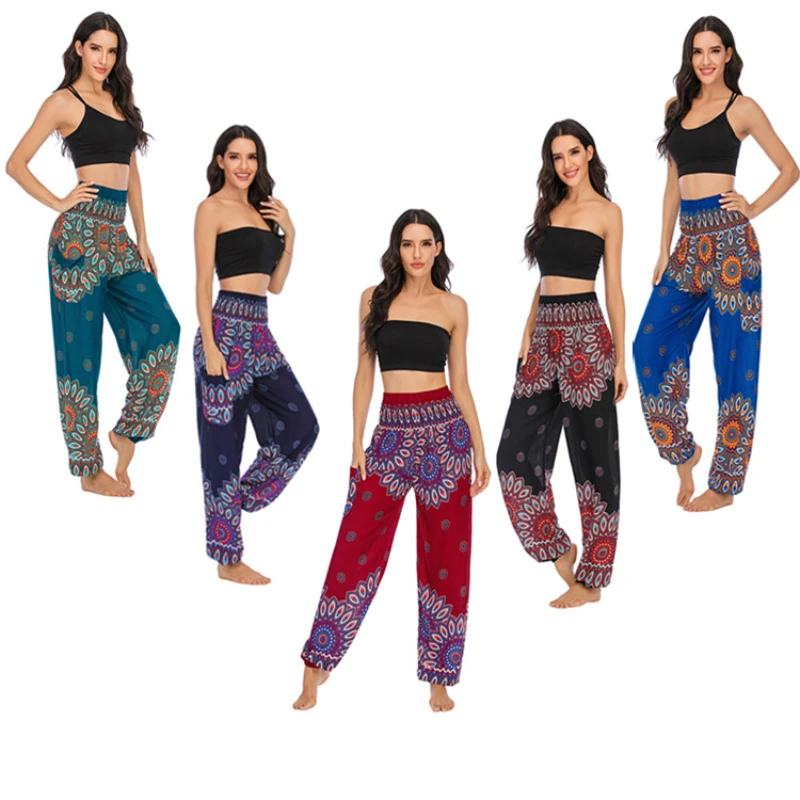 

Boho Hippie Pants 2021 Vintage Sun-flower Elastic Black High Waisted Joggers Beam Feet Pants Summer Bloomers Thailand Pants Blue