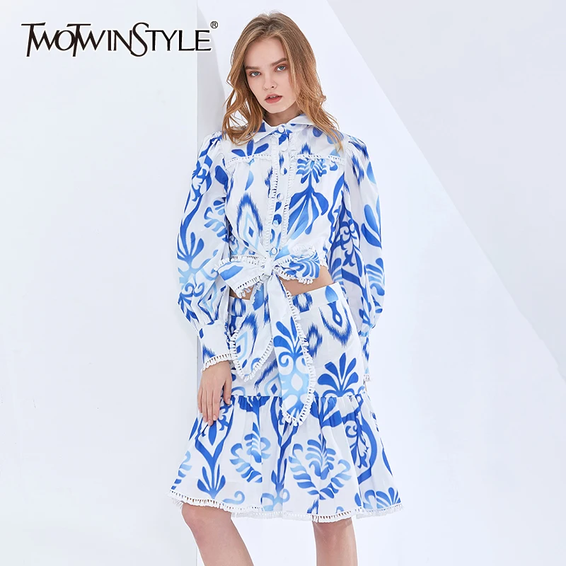 

Женский комплект из двух предметов TWOTWIN, Элегантная короткая рубашка с отложным воротником и миди-юбка с высокой талией, винтажные комплект...