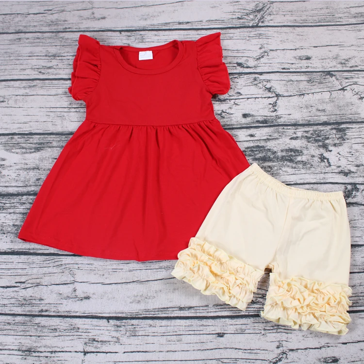 

Summer 2pcs Baby Girls Outfits Red Cottin Tunic Light Yellow Ruffled Shorts Kids Boutique Clothing