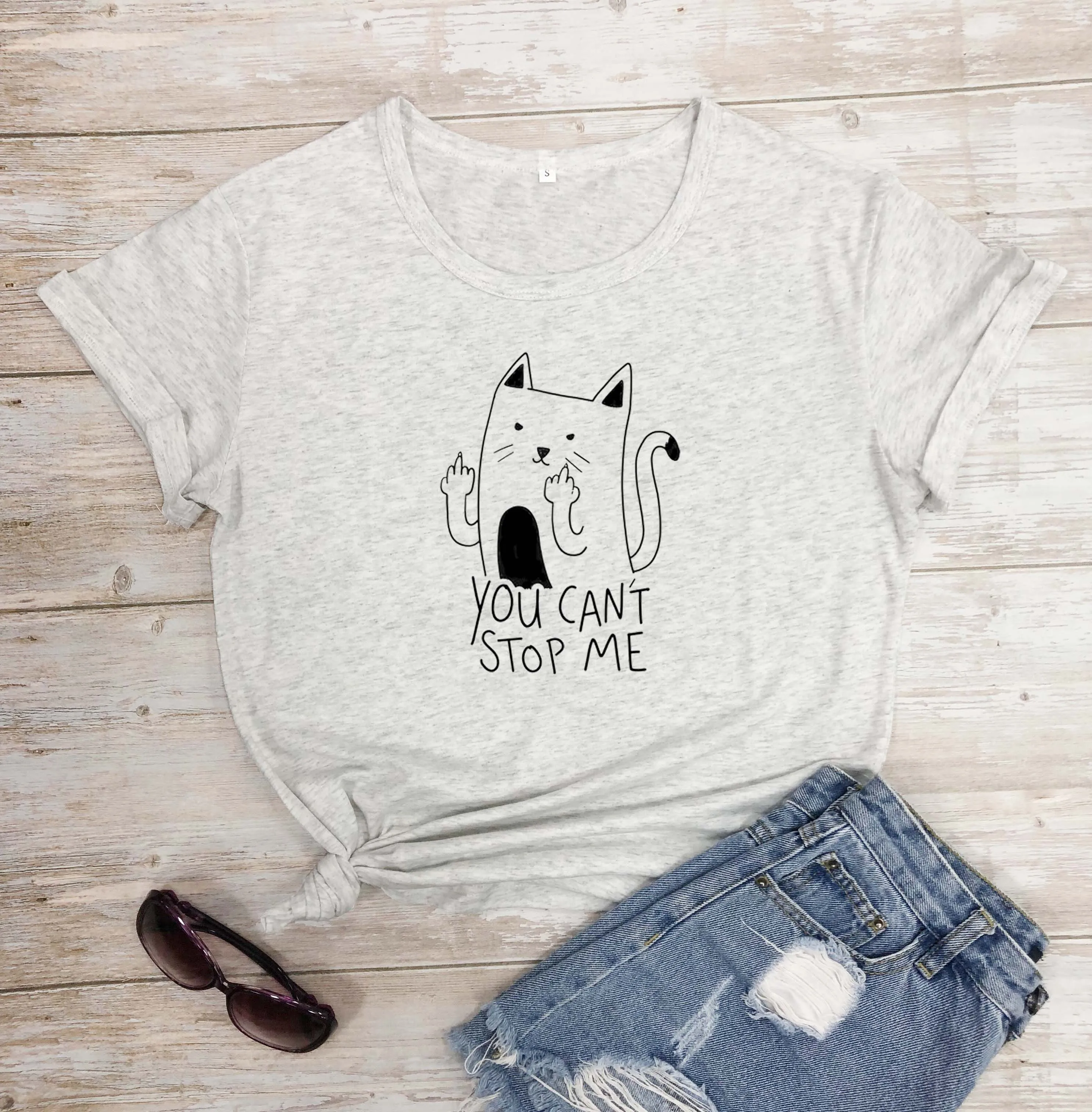 Готический You Can't Stop me и изображением кота Футболка 100% хлопок tumblr забавные