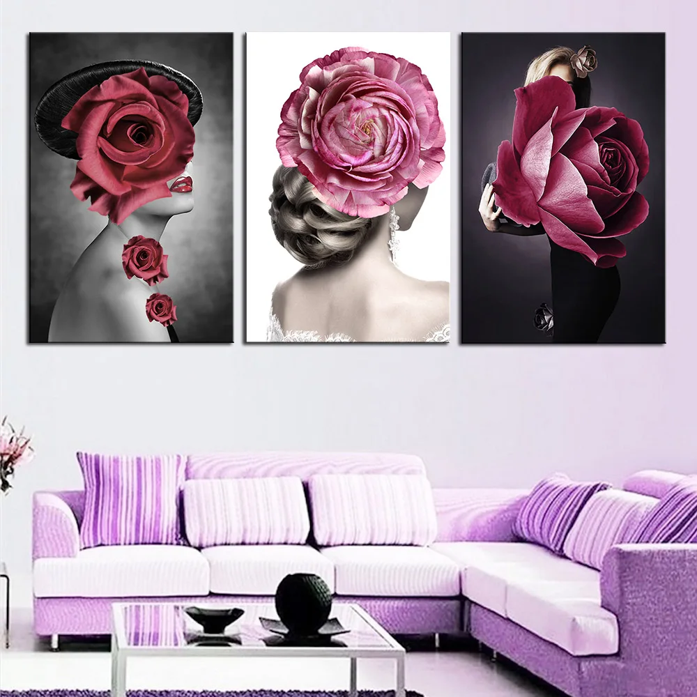 

Flowers Feathers Woman Abstract Canvas Painting Wall Art Print Poster Picture Decorative Painting Living Room Home Decoration