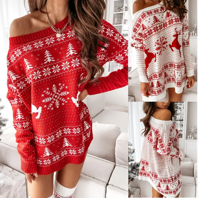 

2021 autumn and winter new knitted sweater women ladies Christmas jacquard loose knitted long-sleeved dress