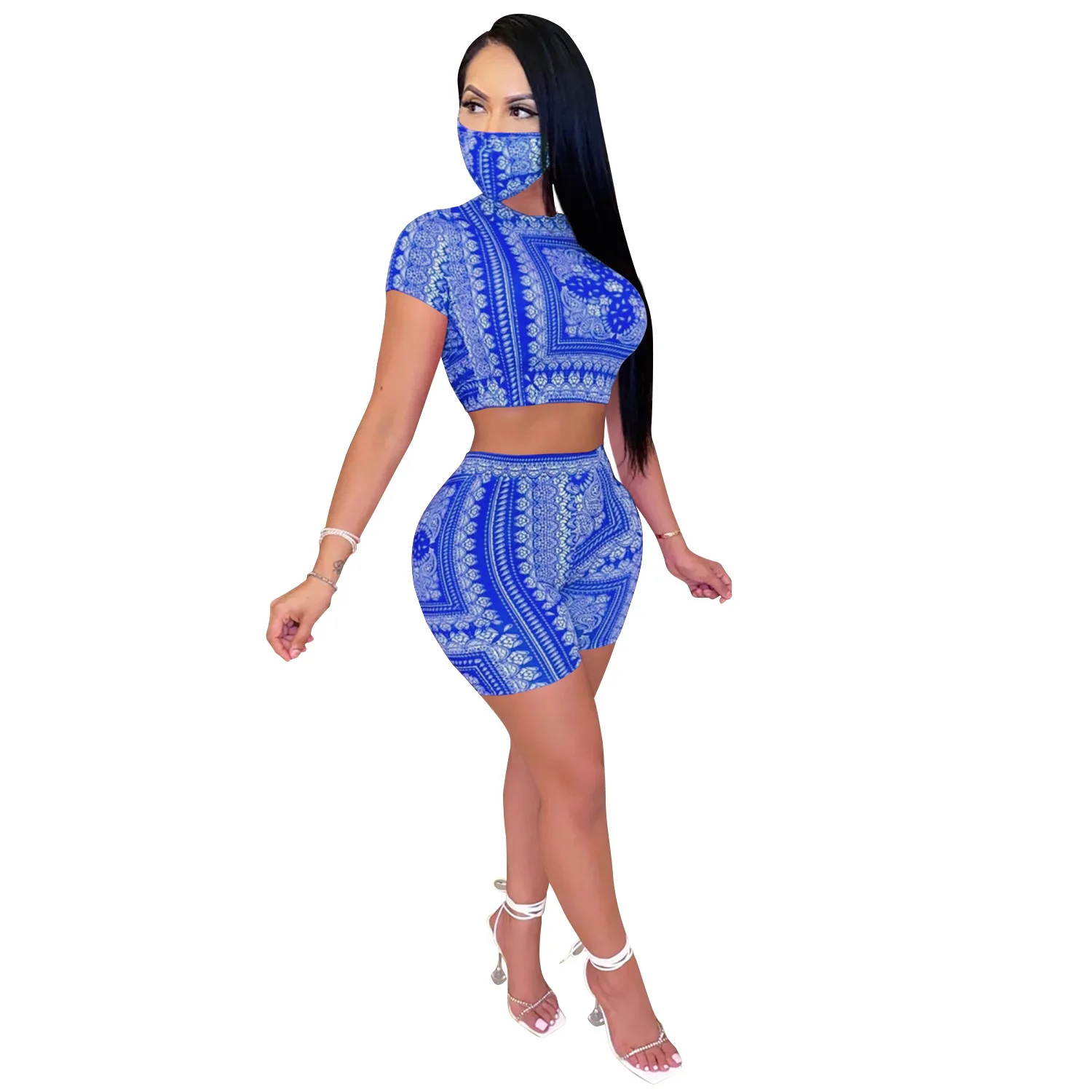 

SSEURAT Bandana Scarf Print Club Sexy Two Piece Set for Women Hollow Out With Mask Pants Set 2021 New Bandage Women 2 Pieces Set