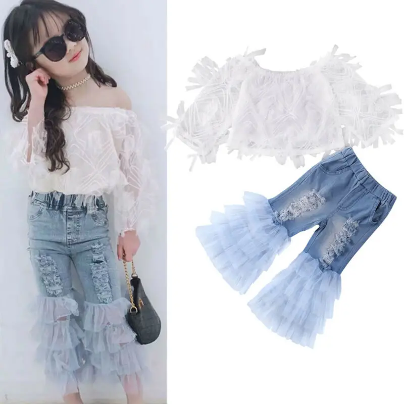 

Summer Infant Clothes Toddler Baby Kids Girl Clothes Lace T-shirt Tops + Ruffle Denim Boot Cut Pants Outfits 1-6 Years