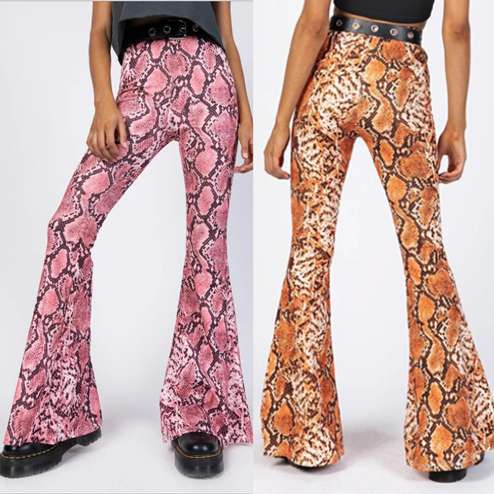 Женские брюки-клеш со змеиным принтом с высокой талией и широкими штанинами