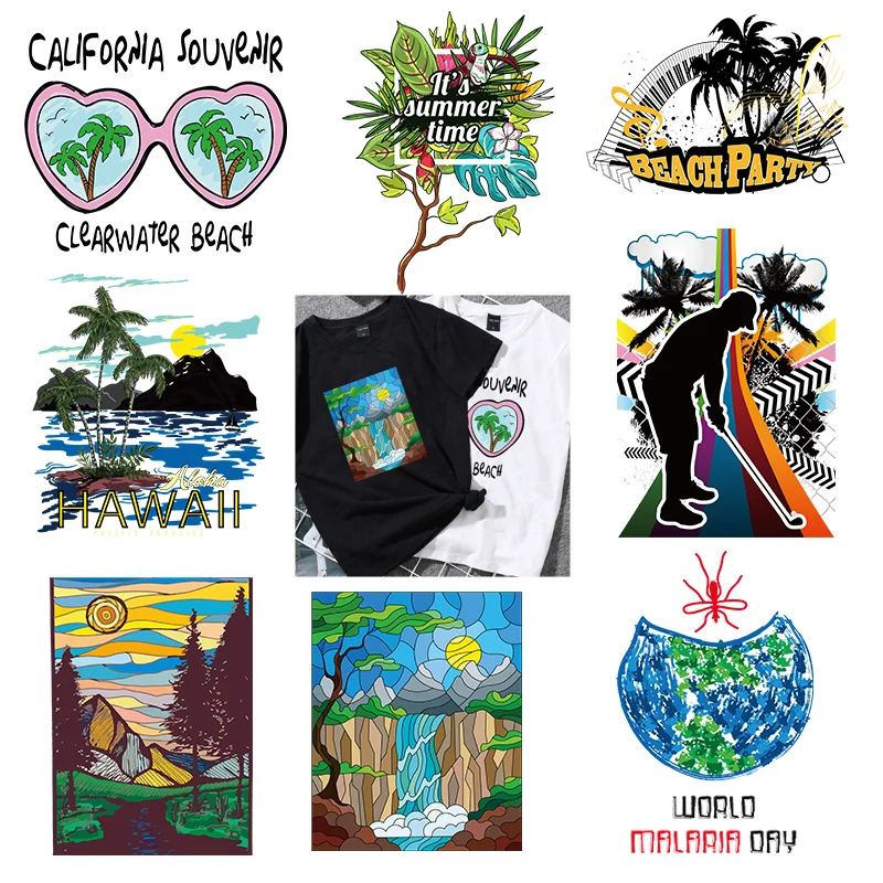 

Summer Beach T-shirt Printing DIY Illustration Coconut Tree Landscape Heat Transfer Vinyl Iron Hot Patch Stickers For Men