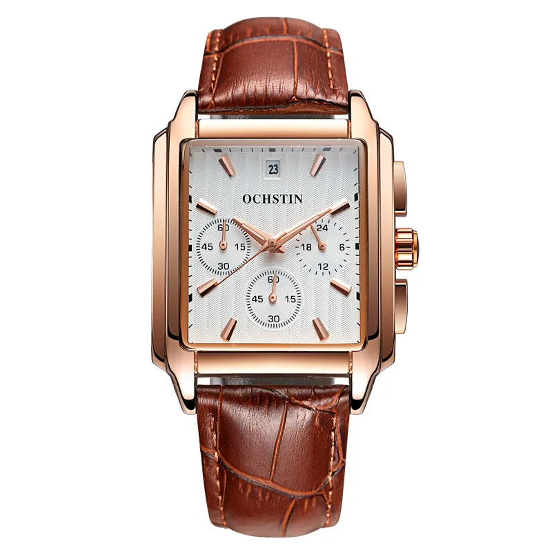 Часы мужские прямоугольные кварцевые с хронографом на кожаном ремешке 2020 |