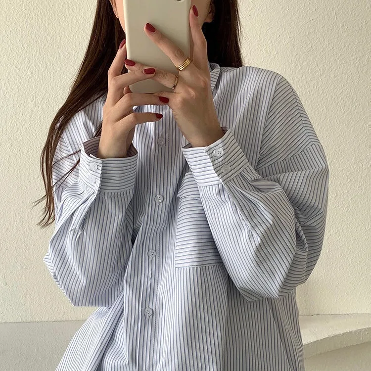 

Fashion Blue Striped Shirts Women Turn-down Collar Long Sleeve Fall Winter Oversized Lady T-shirt Plus Size Tops Blusas Mujer XL