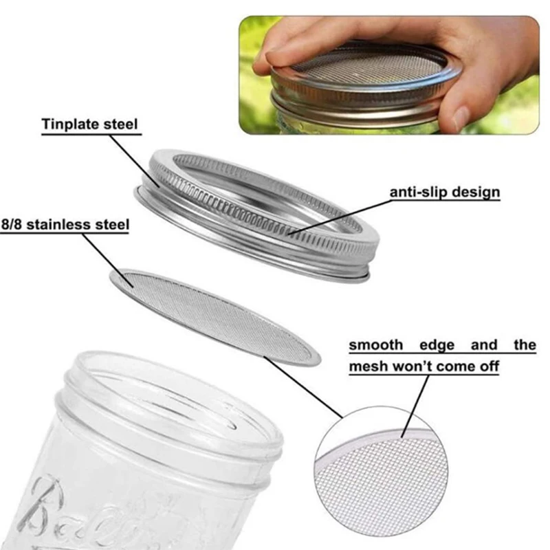 

Mason Jar Sprouting Lids Indoor Gardening 5x Stainless Steel Seed Sprouting Lids Mesh Screen Strainer Filter Kitchen Accessorie