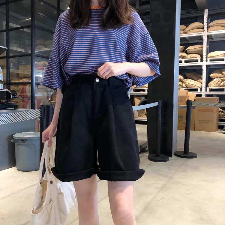 

2021 New Solid color Bermuda Shorts Women High Waist Wide Leg Soft Denim Shorts Summer Student Girl Casual Outfits