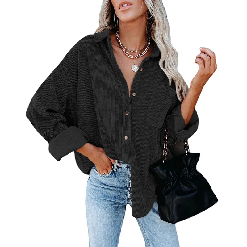 

The New 2021 Autumn Winter Oversized Shirts For Women Corduroy Loose Buttons Pocket Blouse Women Harajuku Black Collared Shirt