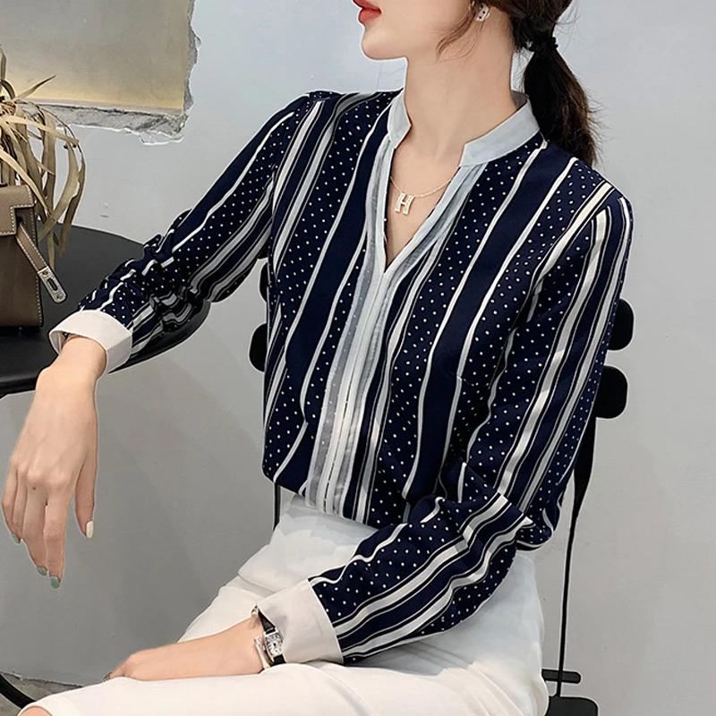 2020 шикарные полосатые женские модные Осенние Синие шифоновые офисные Топы с