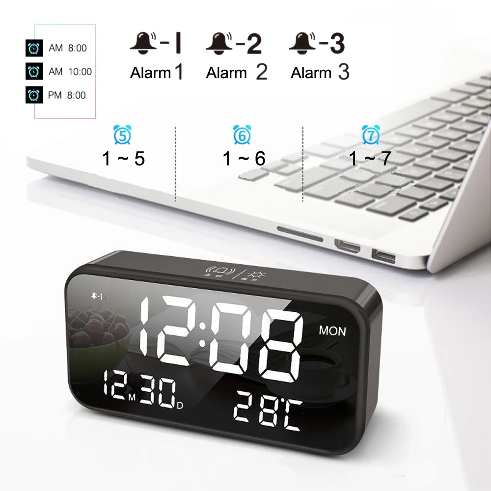

Bedroom Rechargeable Big Digital Mirror Led Music Alarm Clock with Snooze,Calendar,Temperature Thermometer,Sound Control Light