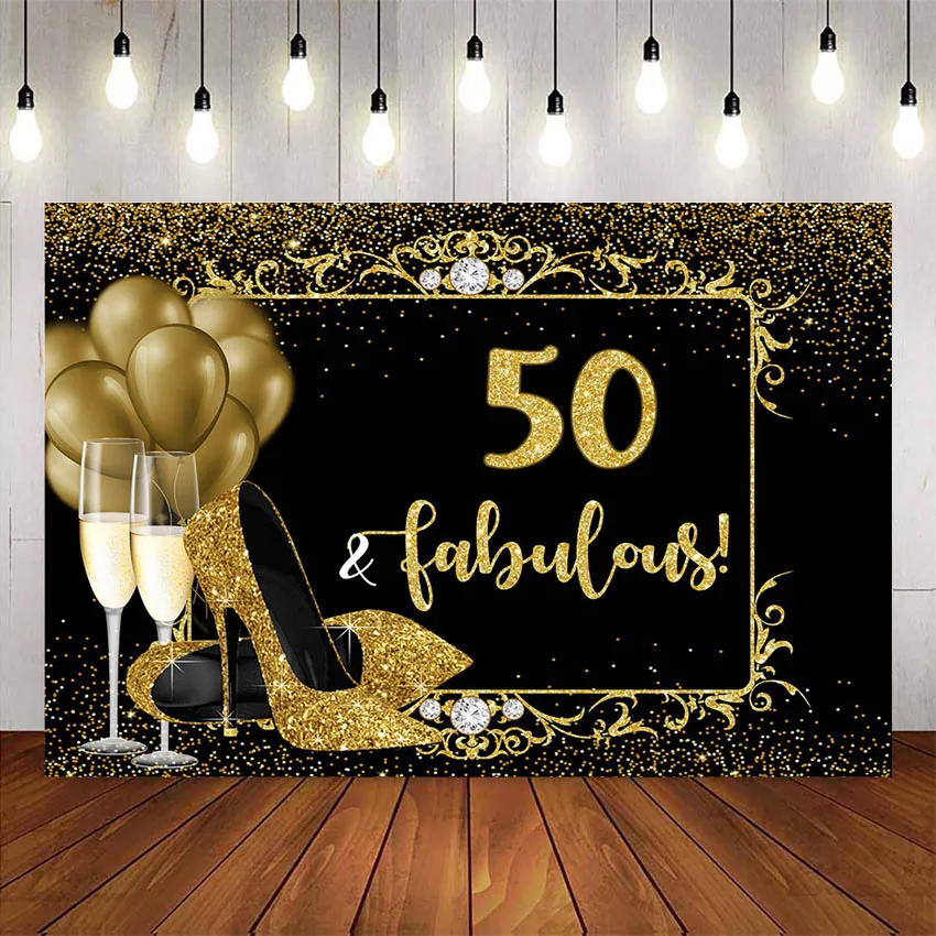 Happy 50th birthday fabulous backdrop High heels Champagne Gold Glitter Photo Background Studio fifty birthday party decorations