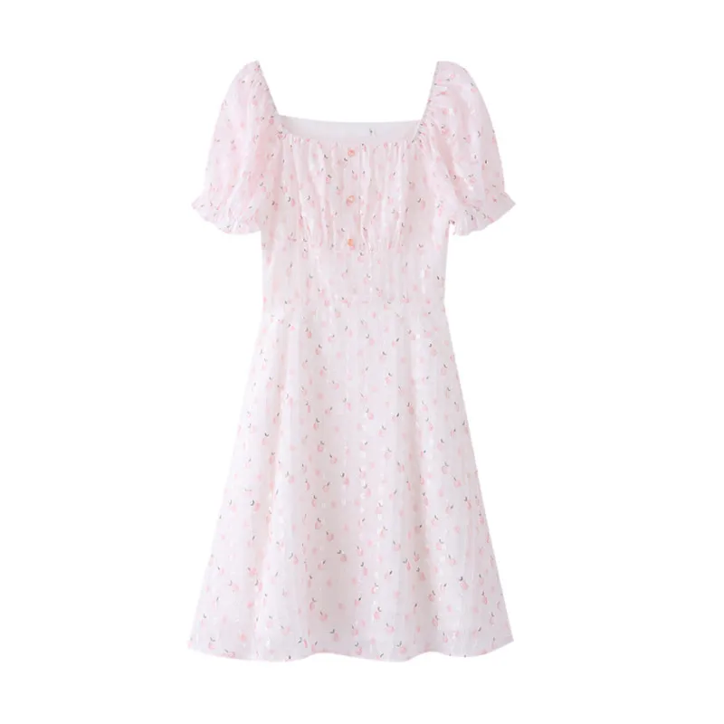 

Pink Temperament Small A-line Short Skirt French First Love Sweet Chiffon Puff Sleeve Floral Dress New Summer Square Neck
