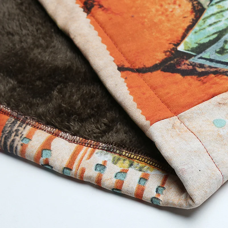 

Ethnic Women Jacket Colorful Graffiti Print Faux Fur Lining Hooded Coat Women Long Sleeve Pockets Jacket Women Plus Size Outwear