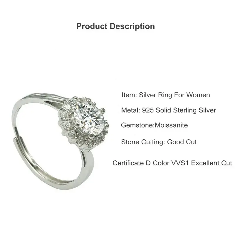 

Moissanite ring luxury round bag 925 silver gold-plated 1ct D color Real Moissanite Ring for Women Gift birthday present JA-45