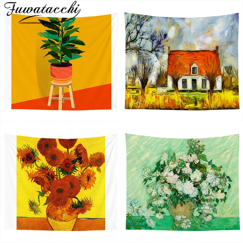 

Fuwatacchi Oil Painting Flower Tapestry Camping Tent Travel Mattress Sleeping Tapestry Throw Rug Blanket Wall Hanging Tapestries