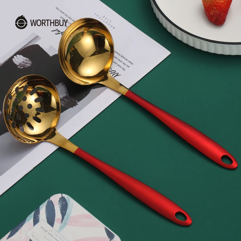 WORTHBUY Цветной ковшовый дуршлаг для супа из нержавеющей стали с длинной ручкой