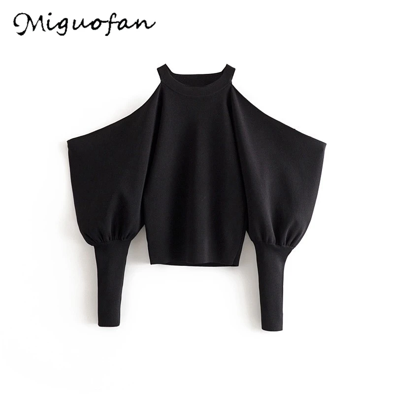 Женский вязаный свитер Черный Повседневный Свободный пуловер с рукавом летучая