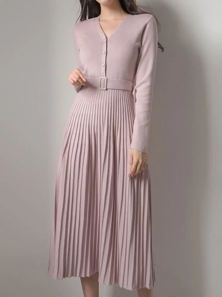 

Shein V-neck wrapped chest mid-length knitted pleated dress base skirt vestidos elegantes para mujer платье женское