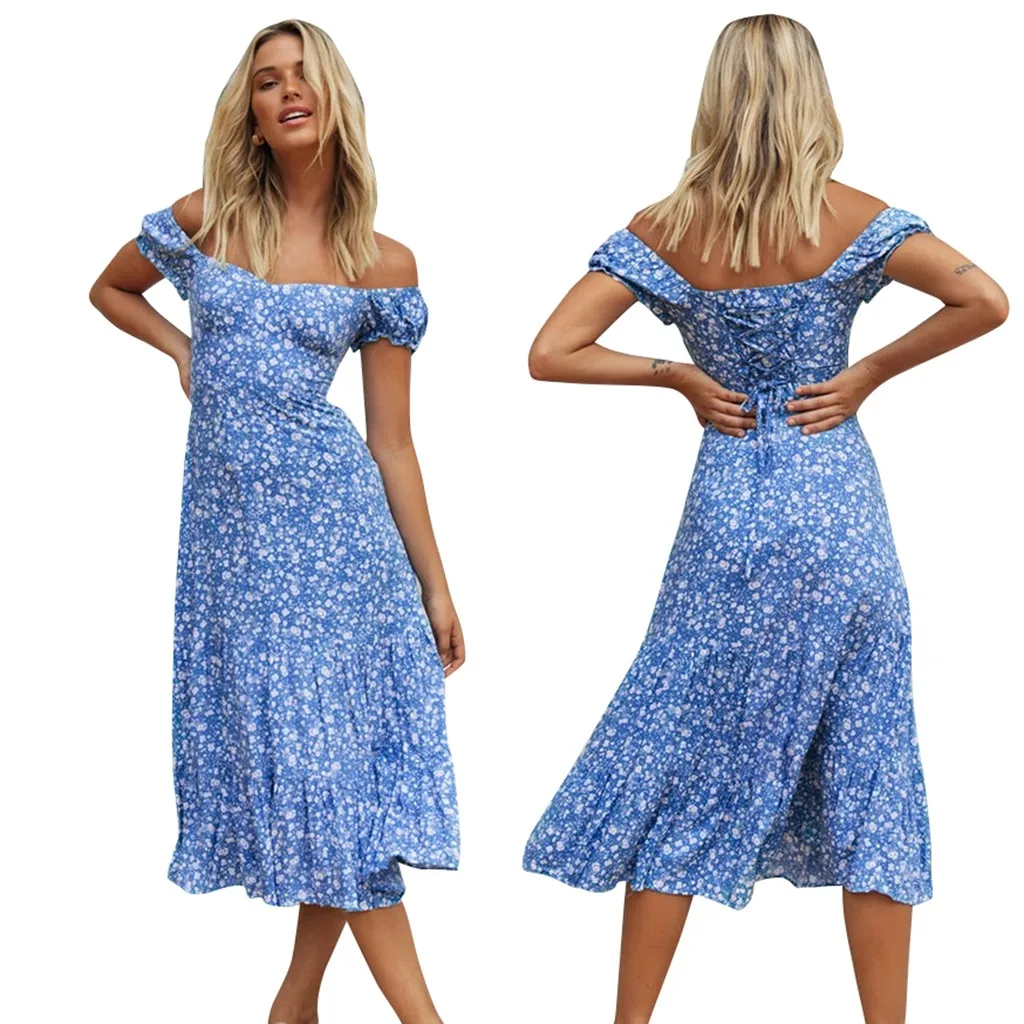 

58# Women Dress Women Singles Shoulder Short Sleeve Broken Flowers Print Loose Dress Roupa Feminina Women 2021 Fashion Clothes