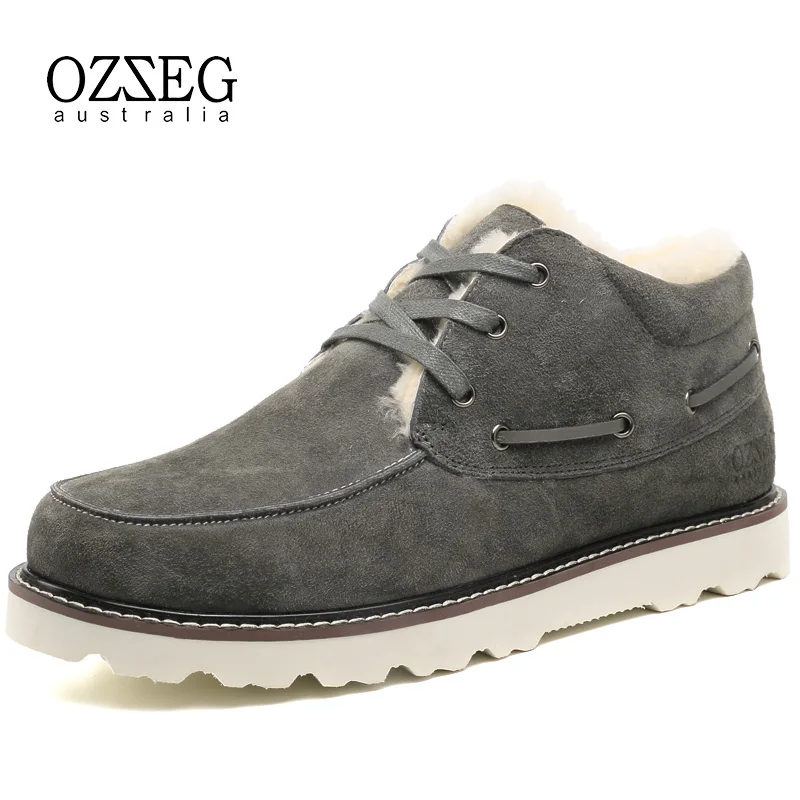 

OZZEG Luxury Brand Classic Snow Boots Mens Real Leather Australia Ankle Boots Sheep Fur Winter Shoes Lace-up Footwear OZ0044