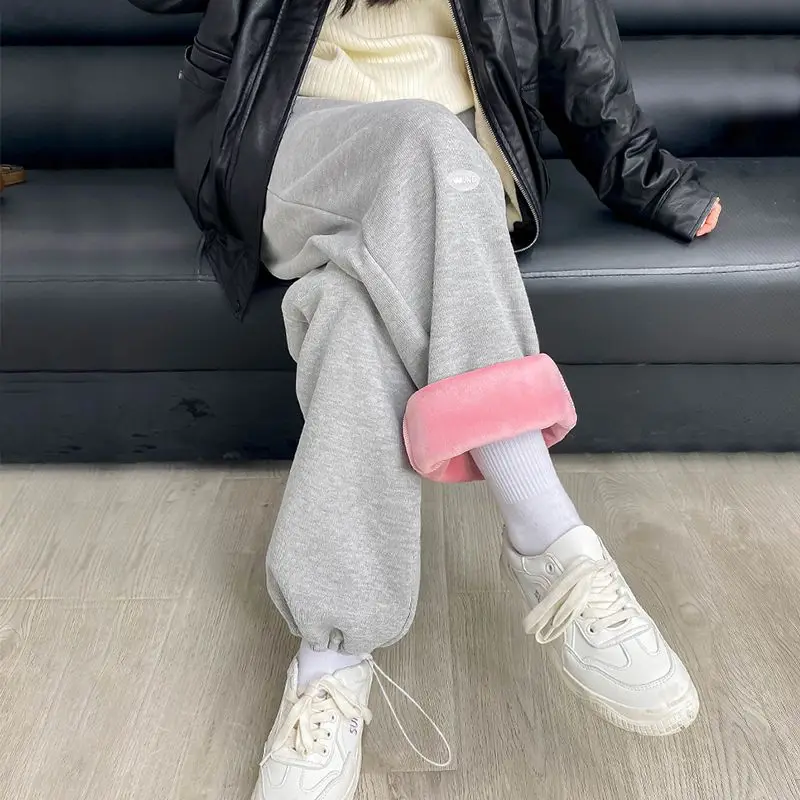 

Plush Sports Pants Women's Autumn Winter 2021 Loose Straight Tube High Waist Thin Grey Thickened Leggings Guard Pants Outside