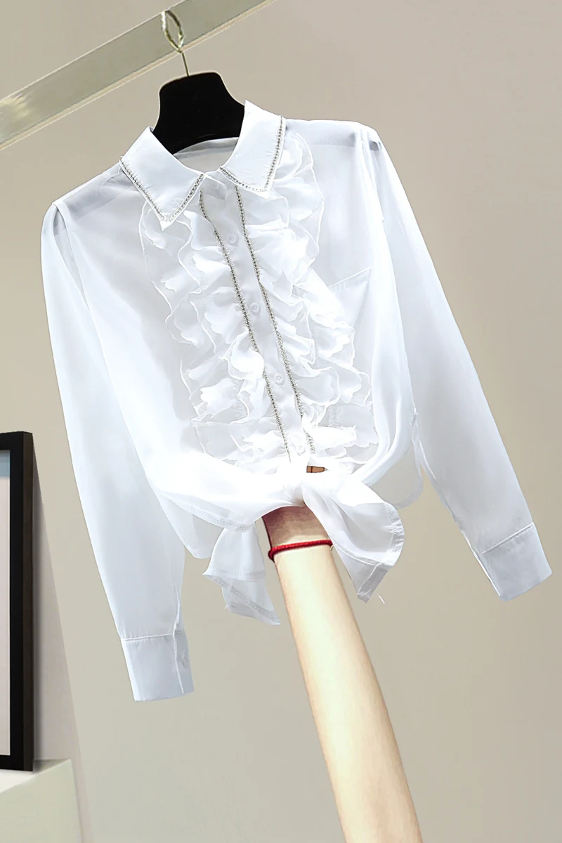 

Diamond Embedded Chiffon Shirt 2021 Summer Tops Loose Cardigan Long Sleeve Casual Women Blouse Shirts Ladies Pink Blouses Blusas