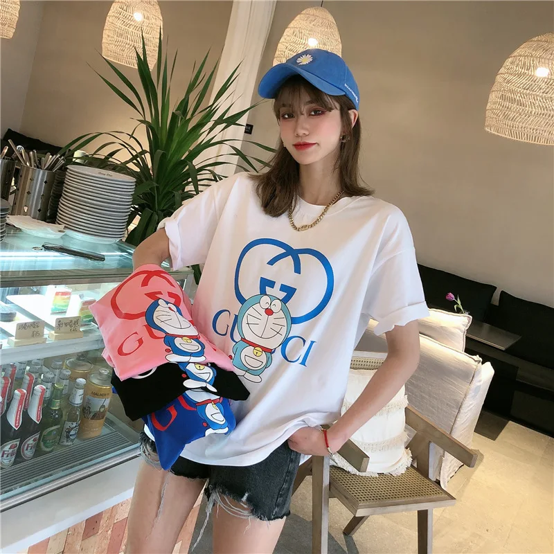 

2021 Summer High Quality Anime Cartoon Print Harajuku Pure Color Fashion Casual Ladies Top T-shirt