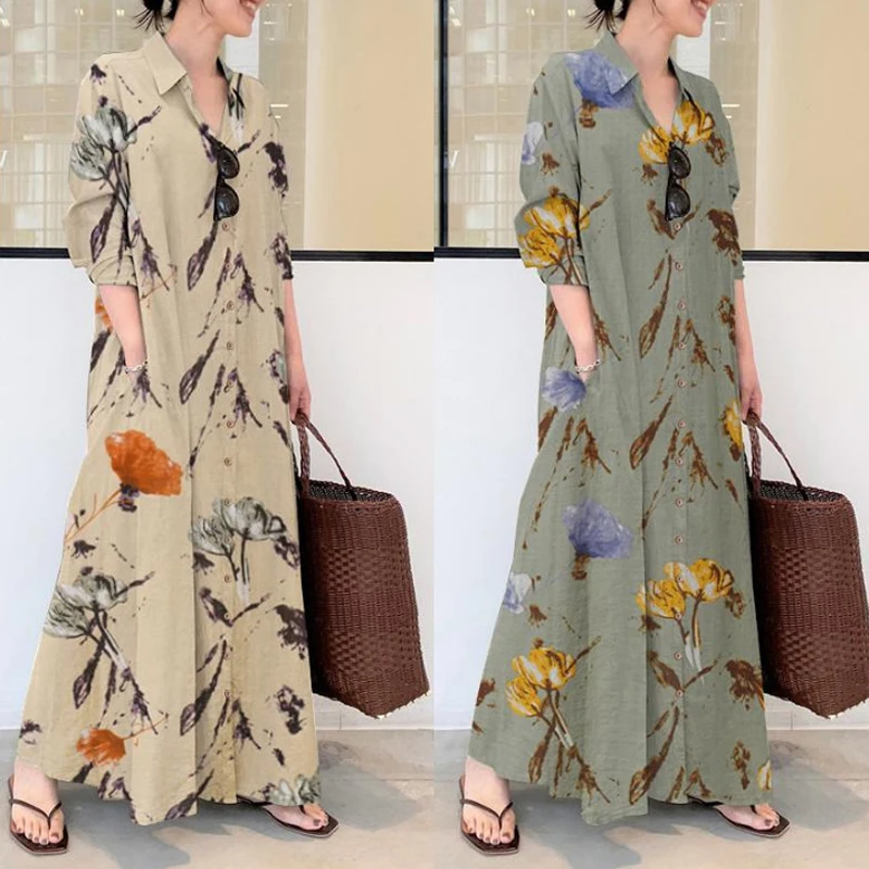 

Floral Print Shirt Dresses For Muslim Woman Casual Loose Abaya Robe Turkish Dubai Eid Mubarak Long Sleeves Summer Linen