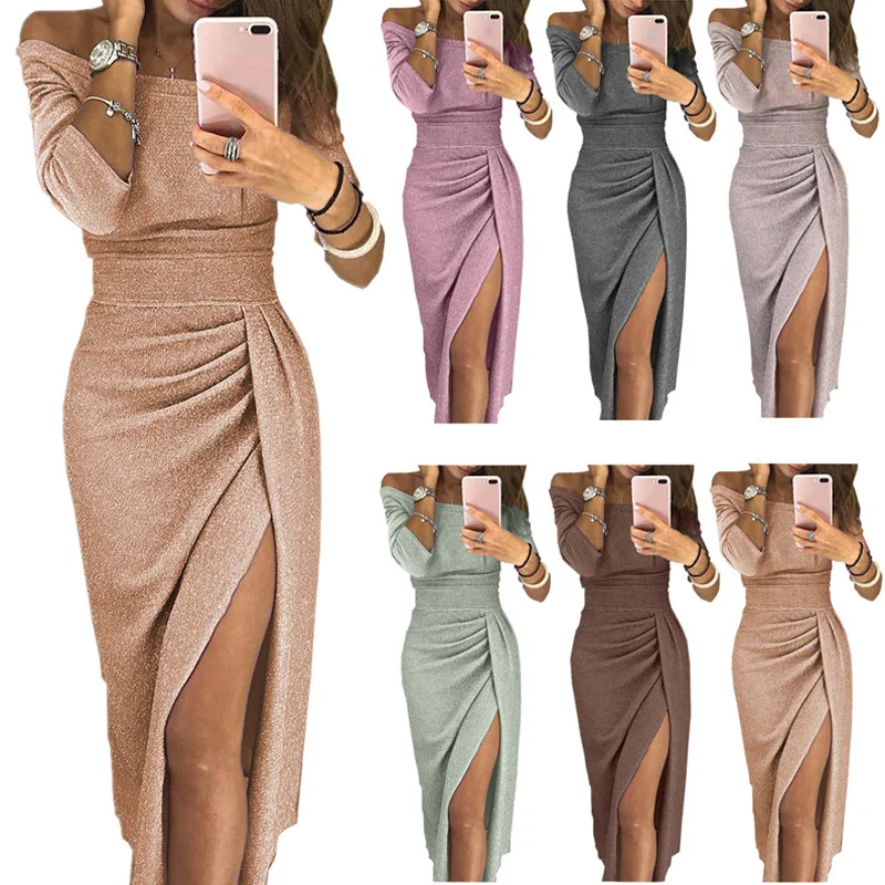 

Autumn Women's Office attire Uniform Design Package Hip Slits One Word Neck Shiny Dress Suit