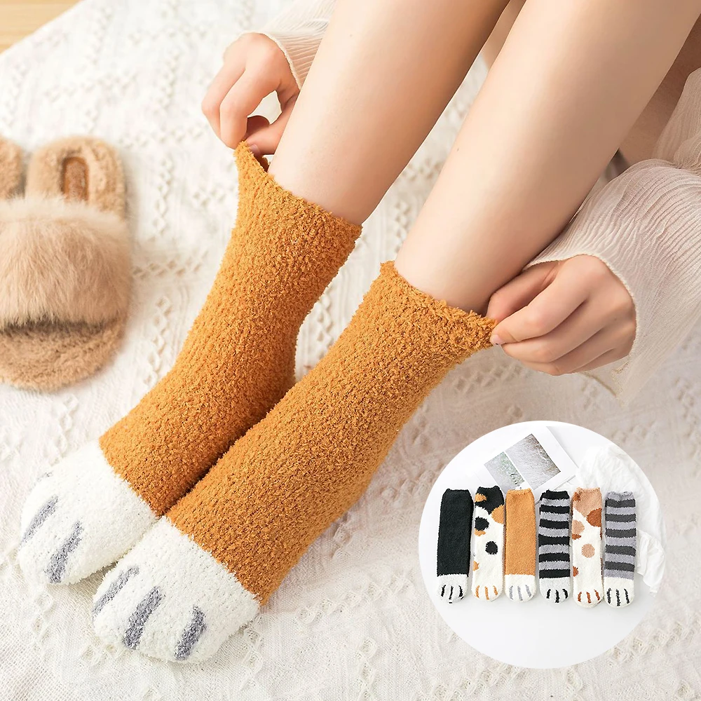 Женские осенне зимние носки с кошачьими когтями Нескользящие толстые теплые из