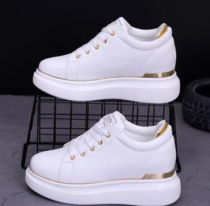 

2023 Hidden Heels Women Platform Wedge Sneakers Ladies Leather Golden White Shoes Female Krasovki Tenis Feminino Casual