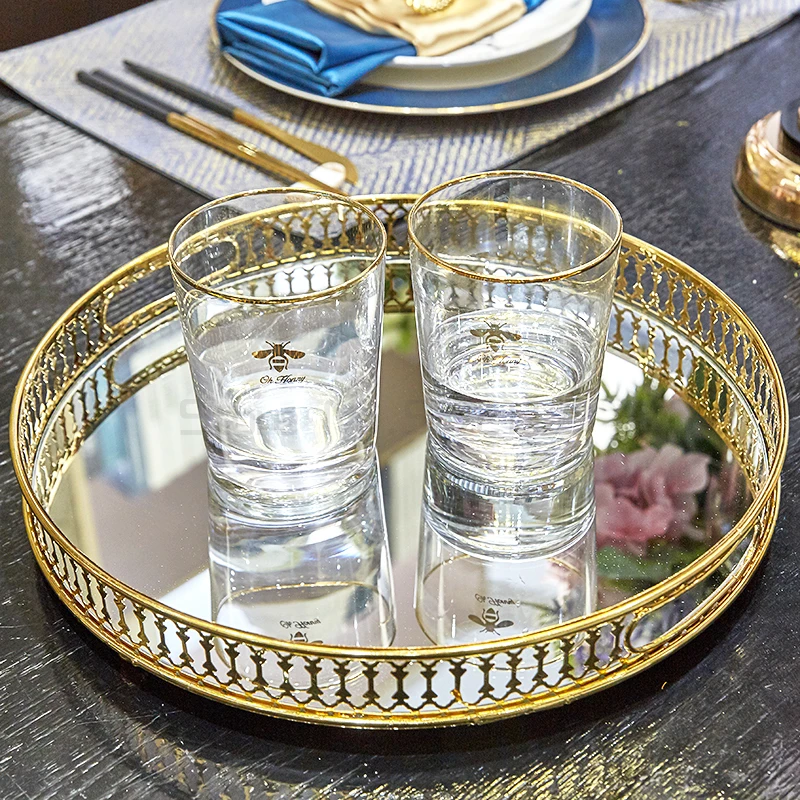 

Vintage European Mirror Glass Metal Storage Tray Gold Rectangle/round Fruit Plate Desktop Small Items Jewelry Display Tray Plate