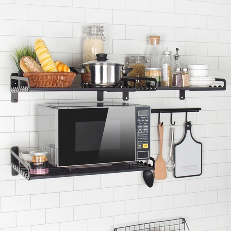 

Microwave Oven Storage Holders Racks Kitchen Shelf Holder Black Aluminum Wall Shelf Oven Rack Kitchen Organizer Accessories