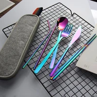 stainless steel environmentally friendly cutlery steak knife fork and spoon portable seven piece juice straw chopstick set
