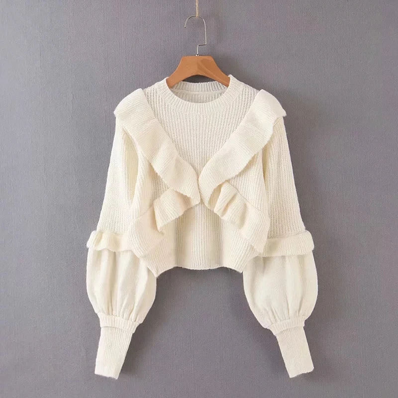 Winter ruffles knitted sweater women pullovers casual long sleeve white chic crop sweaters tops | Женская одежда