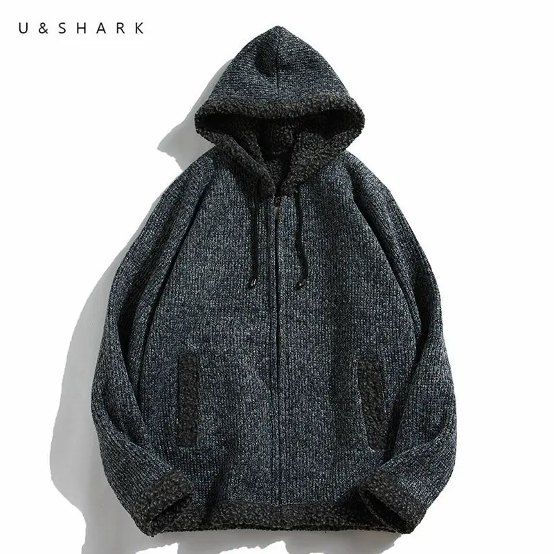 U & SHARK Мужская трикотажная куртка с капюшоном теплый флисовый свитер Осень-зима