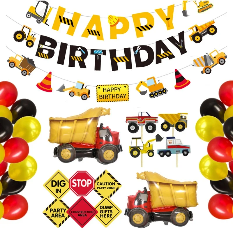 

Construction Truck Birthday Flag Pull Sign Indicator Cake Insert Card Aluminum Film Balloon Engineering Truck Party Decoration