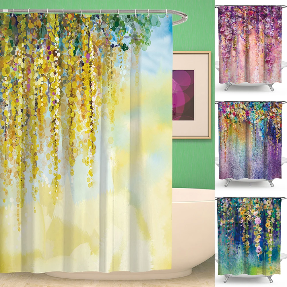 

Farmhouse Style Waterproof Shower Curtain Extra Long Wide Drop Bathroom Print Curtain With Hooks Floral Printing Shower Curtains