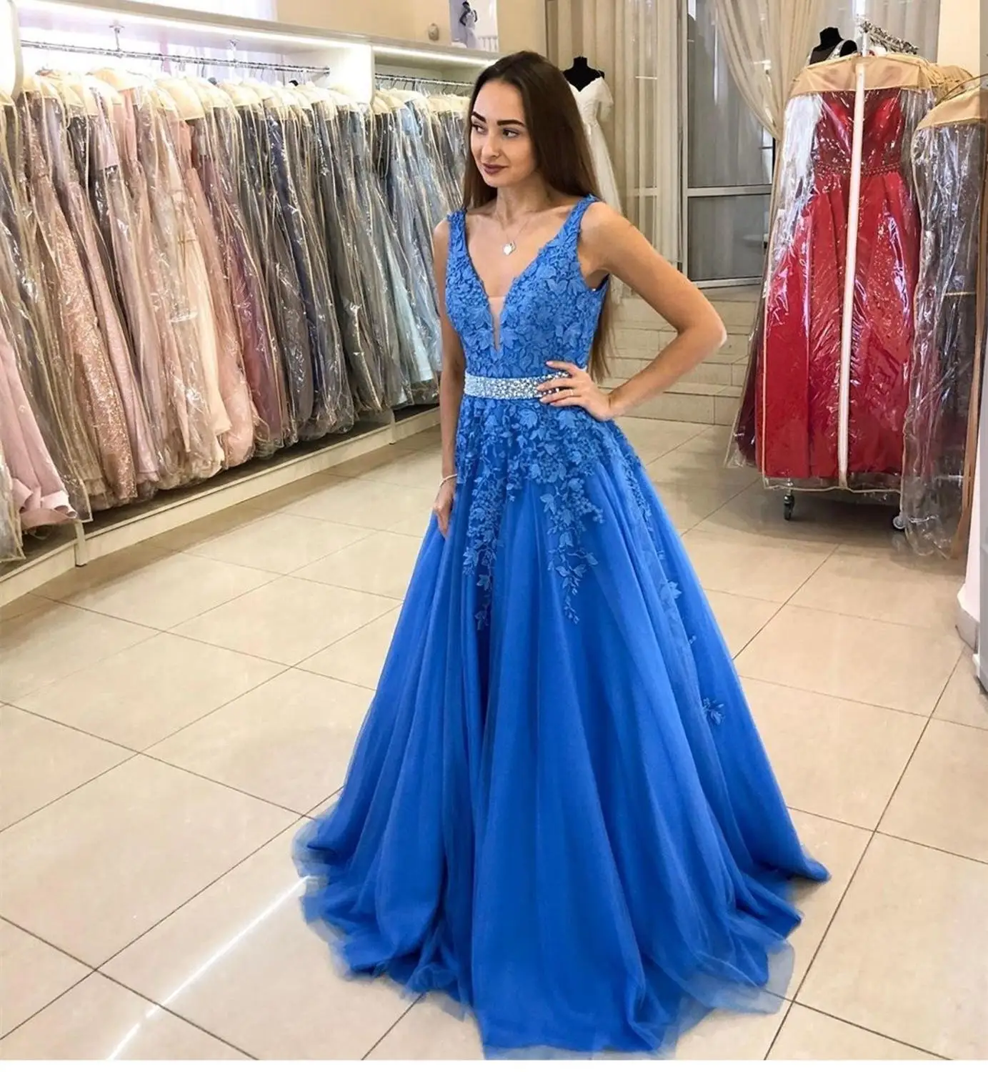 

2020 prom dress sky blue floor length a-line lace applique v-neck women party gowns vestidos festa vestidos simples custom made