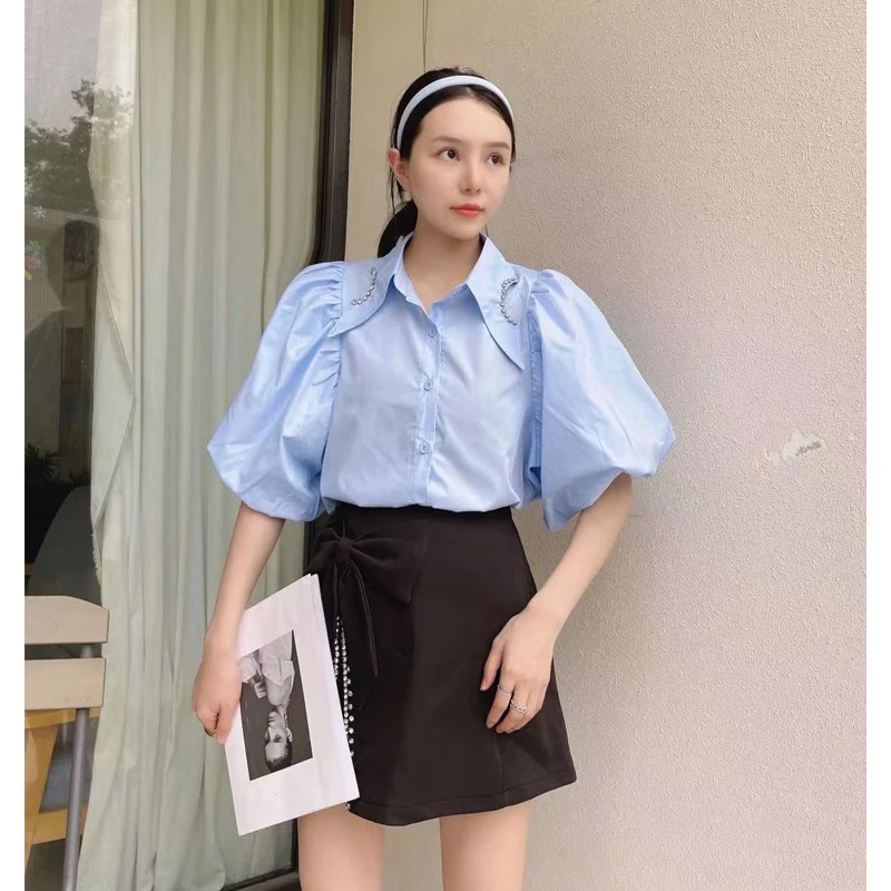 

DEAT 2021 new summer fashion women clothes turn-down collar short lantern sleeves single breasted cotton shirt WS40305L